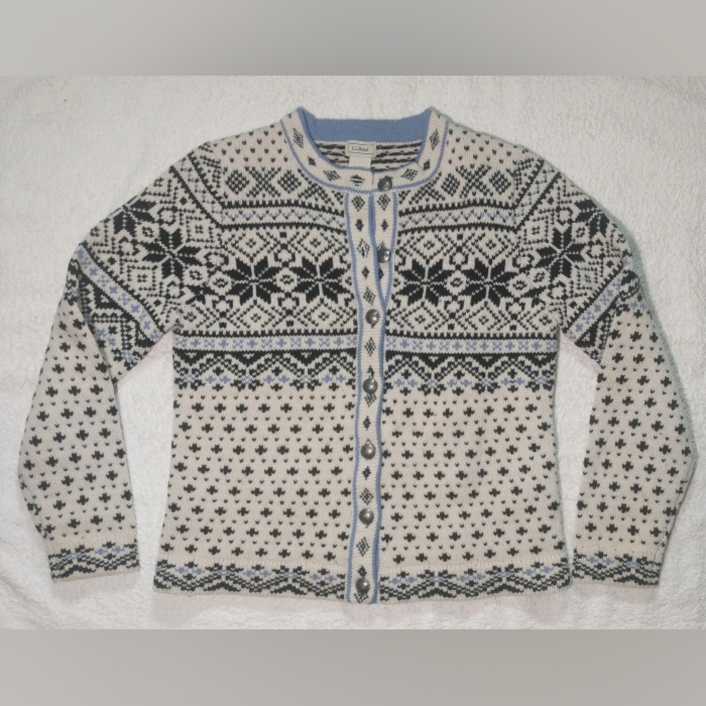 L.L BEAN 100% Lambs Wool Heavy Winter Nordic Snowflake Knit Cardigan Sweater - S